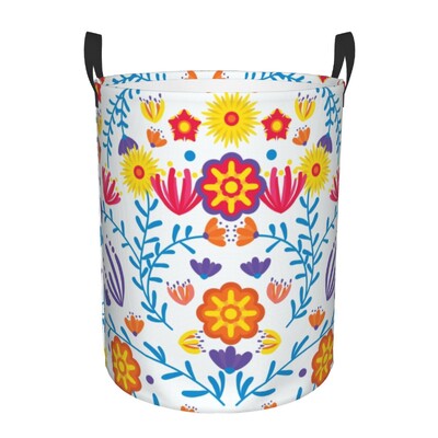 Meksikos „Fiesta Flowers Art“ skalbinių krepšelis Sulankstomas tekstilės siuvinėjimas kūdikių kliūtys darželio žaislams Organizatoriaus laikymo dėžės
