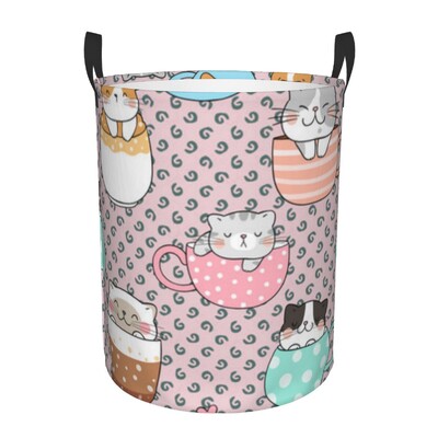 Coș de rufe pliabil Pisici și cupe drăguțe Coș rotund de depozitare Coș mare Organizator de găleți pentru haine pliabile
