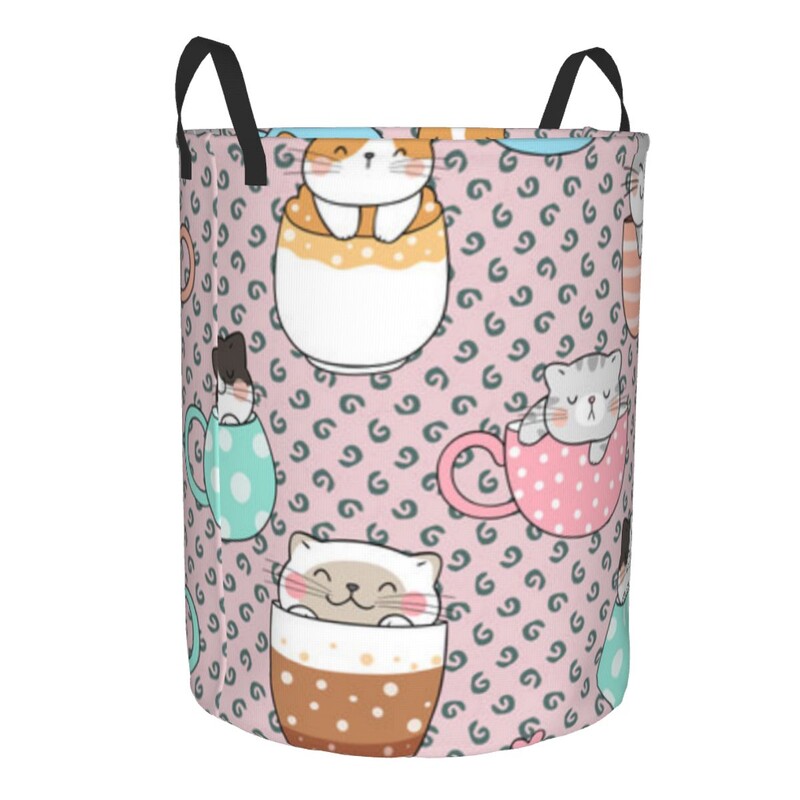 Coș de rufe pliabil Pisici și cupe drăguțe Coș rotund de depozitare Coș mare Organizator de găleți pentru haine pliabile