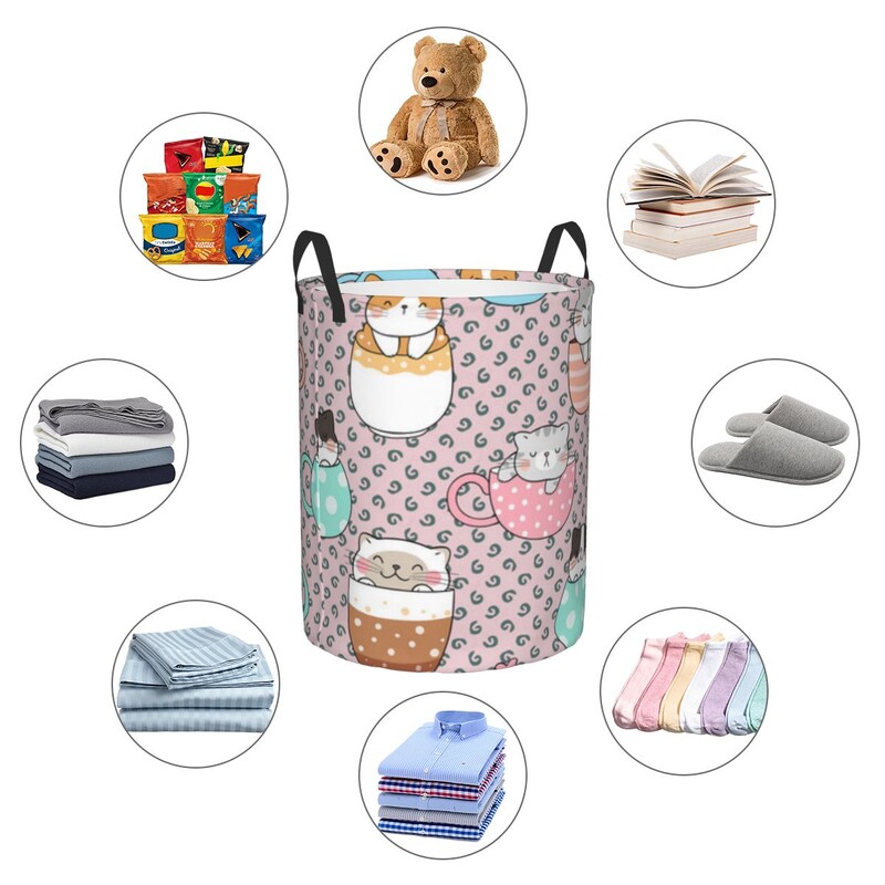 Coș de rufe pliabil Pisici și cupe drăguțe Coș rotund de depozitare Coș mare Organizator de găleți pentru haine pliabile