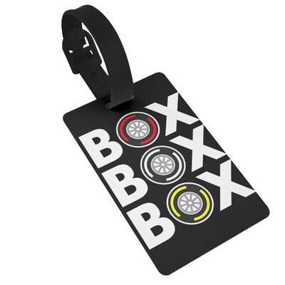 Box Box Box F1 padangų mišinio baltas tekstas dizainas bagažo etiketės lagaminų priedai Kelioninio bagažo įlaipinimo etiketė Nešiojama etiketė