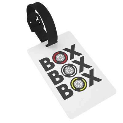 Box Box Box F1 padangų mišinio baltas tekstas dizainas bagažo etiketės lagaminų priedai Kelioninio bagažo įlaipinimo etiketė Nešiojama etiketė