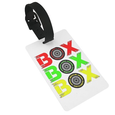 Box Box Box F1 padangų mišinio baltas tekstas dizainas bagažo etiketės lagaminų priedai Kelioninio bagažo įlaipinimo etiketė Nešiojama etiketė