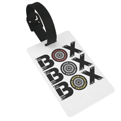 Box Box Box F1 padangų mišinio baltas tekstas dizainas bagažo etiketės lagaminų priedai Kelioninio bagažo įlaipinimo etiketė Nešiojama etiketė