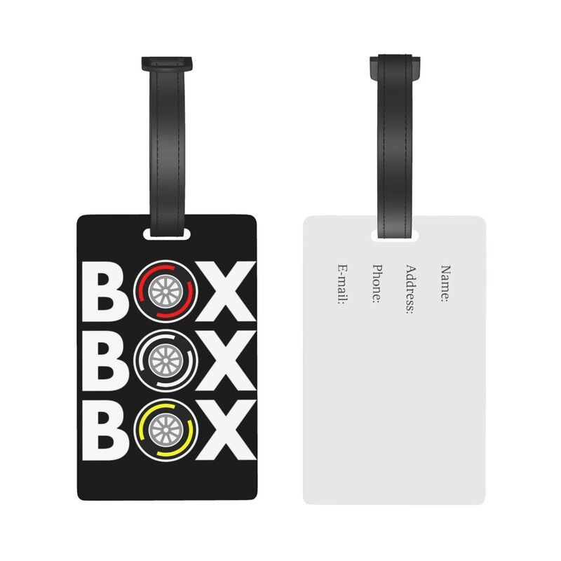 Box Box Box F1 padangų mišinio baltas tekstas dizainas bagažo etiketės lagaminų priedai Kelioninio bagažo įlaipinimo etiketė Nešiojama etiketė