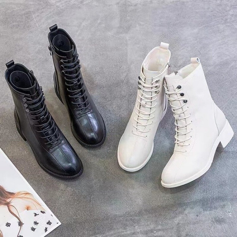 Bijele Martin čizme za žene Britanski stil 2024 Nove jesenske kožne cipele sa srednjom petom Proljetne i jesenske pojedinačne čizme Debeli potplat Kratke čizme