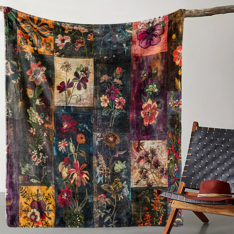 Pătură de flanel, pătură cu imprimeu în carouri cu plante verzi de epocă, pătură moale, caldă, confortabilă, pentru canapea, pat, canapea, mașină, camping, călătorie