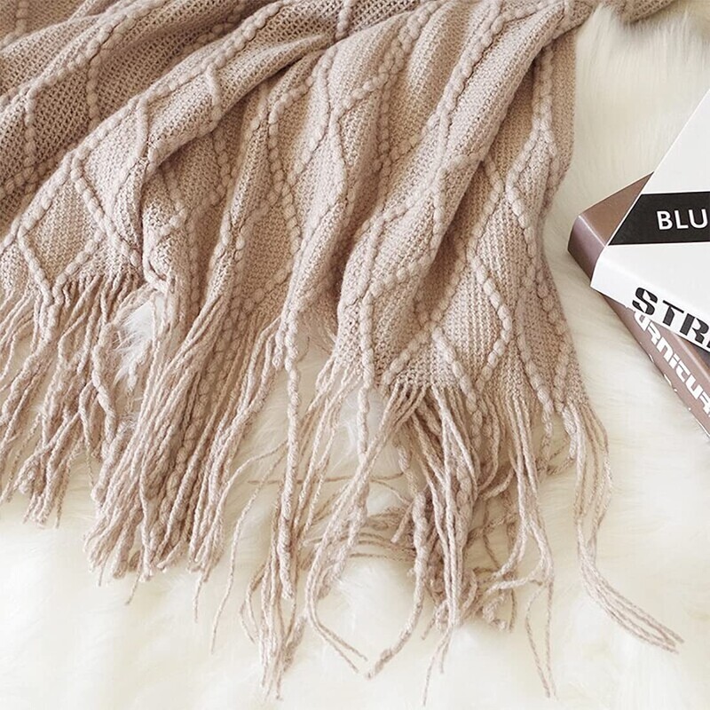 Pături tricotate nordice cu ciucuri Kaki crem gri Pături vintage, canapea, pat de lux, cuvertură de pat supradimensionată