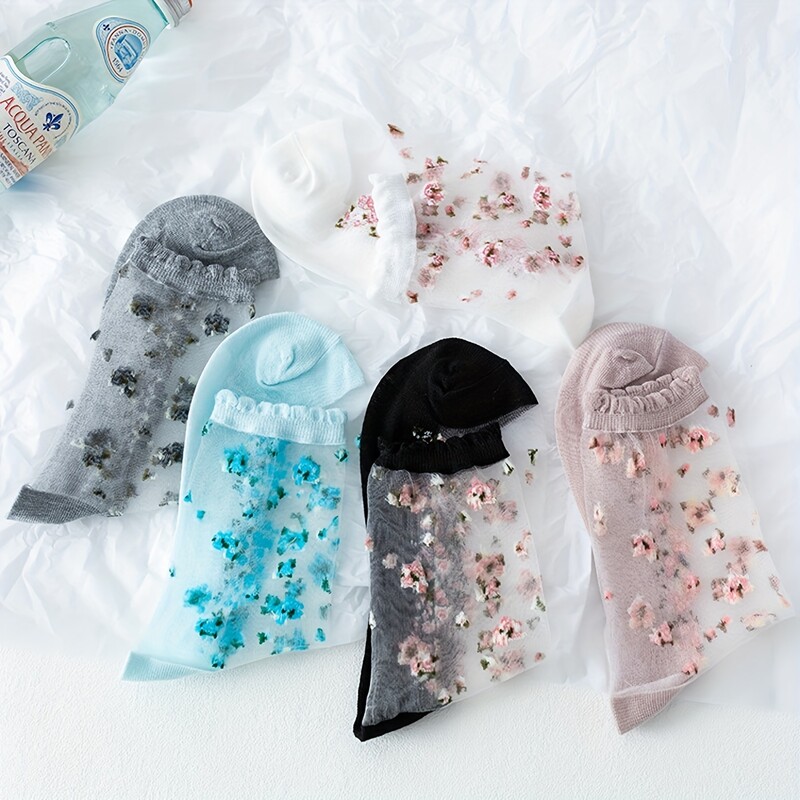 Ženski paket od 5 pari Ditsy cvjetnih poliesterskih čarapa do koljena s ukrasom u boji zelene salate – stilski i udobni