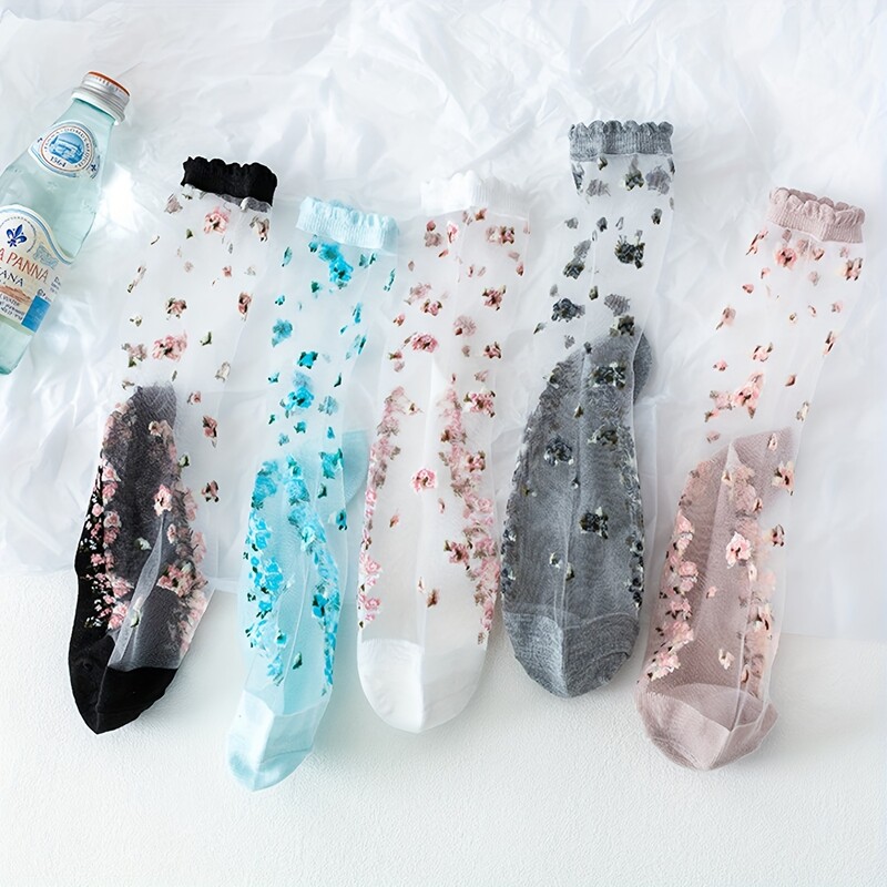 Ženski paket od 5 pari Ditsy cvjetnih poliesterskih čarapa do koljena s ukrasom u boji zelene salate – stilski i udobni