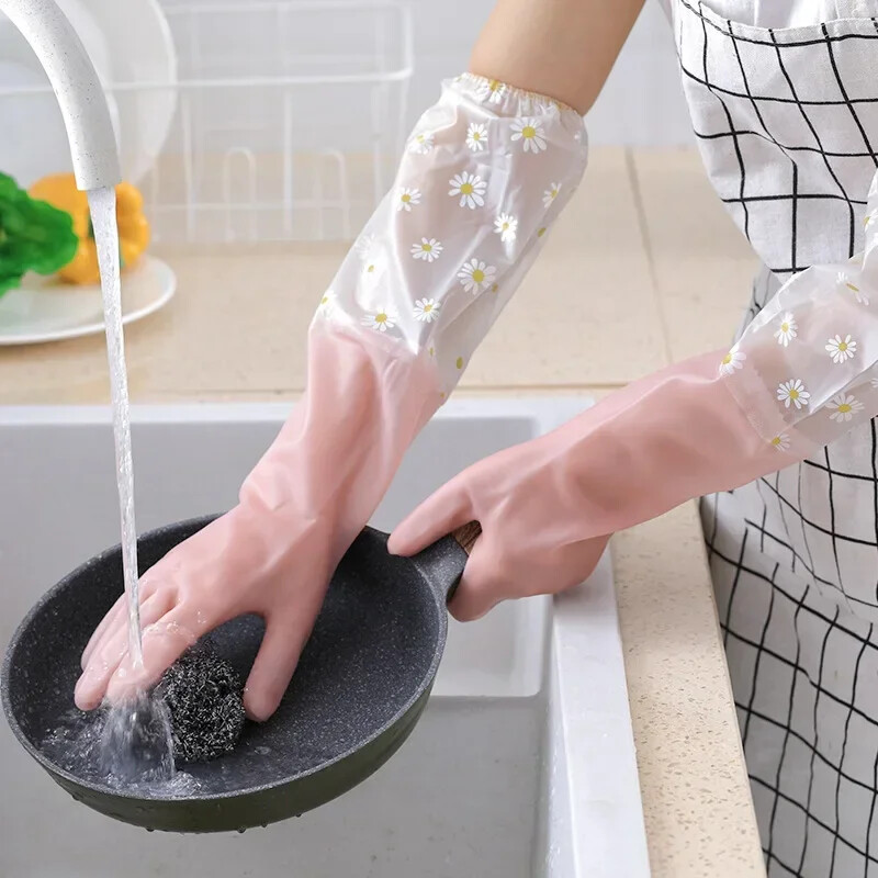 1 pár hosszú mosogatókesztyű Háztartási húzózsinór vízálló gumi mosodai kesztyű újrafelhasználható, tartós virágtisztító kesztyűvel