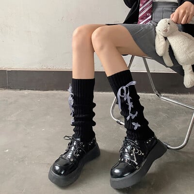 Női lábmelegítő őszi és téli szalag Lolita fekete térdmelegítő hosszú zokni JK kötött lány fehér lábmelegítő