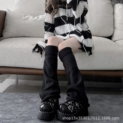 Női lábmelegítő őszi és téli szalag Lolita fekete térdmelegítő hosszú zokni JK kötött lány fehér lábmelegítő
