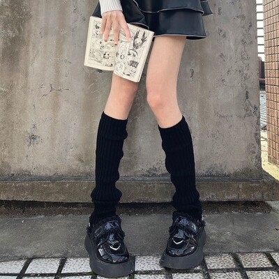 Női lábmelegítő őszi és téli szalag Lolita fekete térdmelegítő hosszú zokni JK kötött lány fehér lábmelegítő