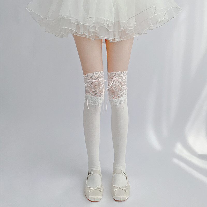 Șosete înalte pe coapsă tricot dantelă cu fundă toamnă și iarnă Încălzitori groși pentru picioare Ciorapi alb negru Lolita drăguț șosete peste genunchi