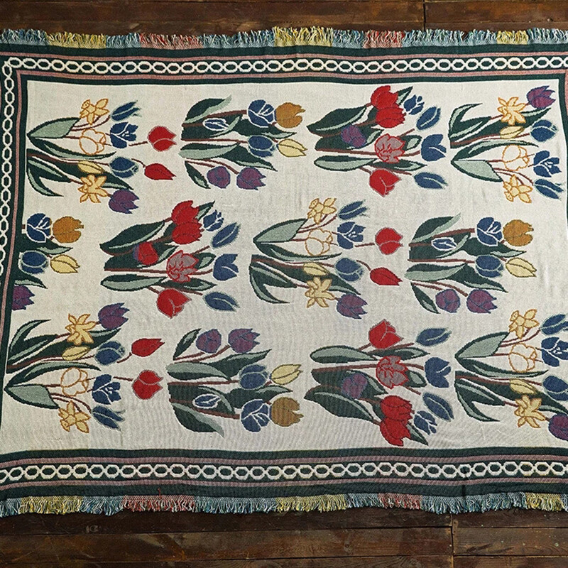 Deka s tulipánovými kvetmi, vintage prehoz, obliečky na pohovku, pletené prehozy, kvetinový motív, európsky štýl, vonkajšia kempingová cestovná deka cobija