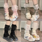 Японски Y2K Lolita Girls Lace Bow Leg Warmers Дамски телешки топли плетени стример калъфи за крака JK Bow Princess Style Slouch Socks