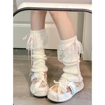 Японски Y2K Lolita Girls Lace Bow Leg Warmers Дамски телешки топли плетени стример калъфи за крака JK Bow Princess Style Slouch Socks