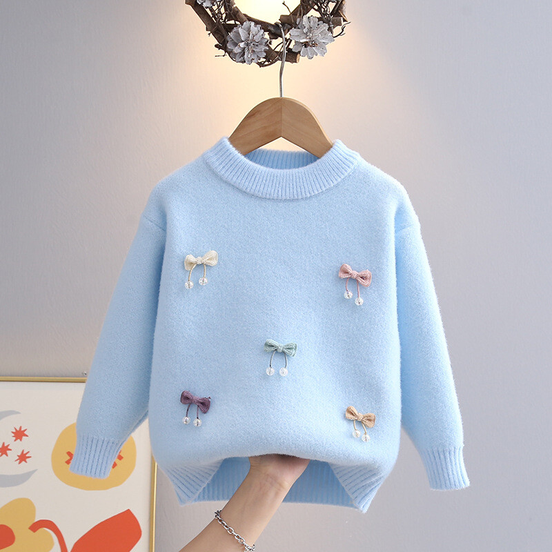 Megztinis mergaitem 2024 ziema naujo stiliaus vaikiškas megztinis vidutinis ir didelis vaikiskas apatinis su kaspinu madinga