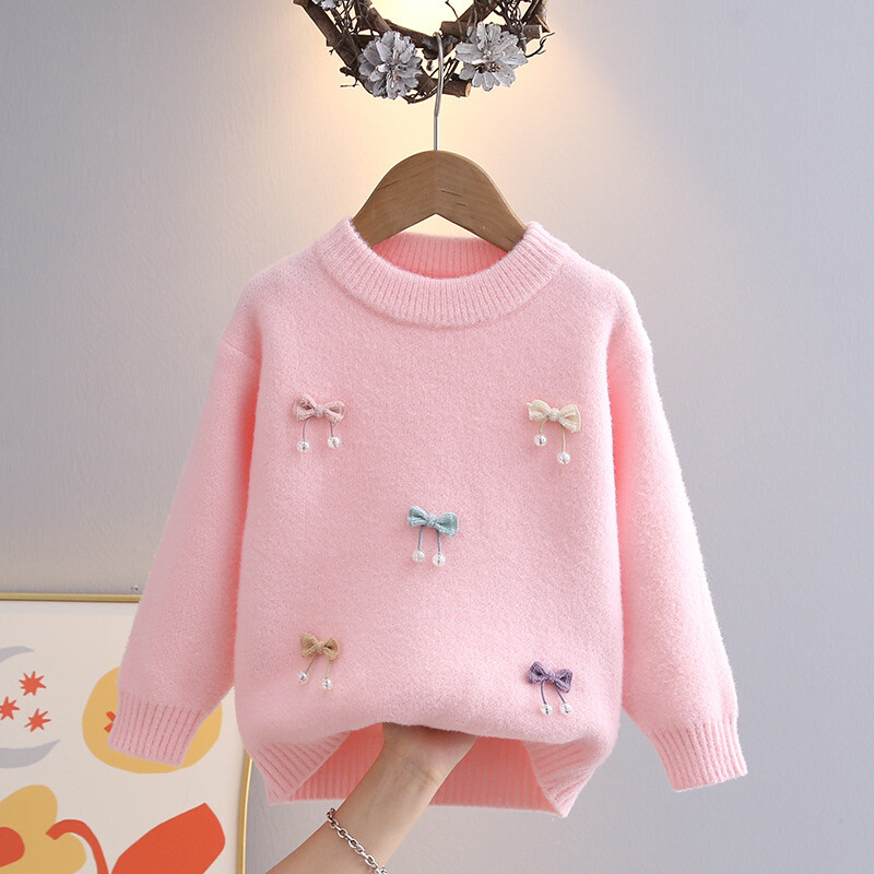 Megztinis mergaitem 2024 ziema naujo stiliaus vaikiškas megztinis vidutinis ir didelis vaikiskas apatinis su kaspinu madinga