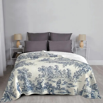 Toile De Jouy Number 2 Ultra-soft Fleece Throw Κουβέρτα Flannel Γαλλικές κουβέρτες σε μπλε ναυτικό μοτίβο για κρεβατοκάμαρα για καναπέ στο σπίτι Καλύμματα κρεβατιού