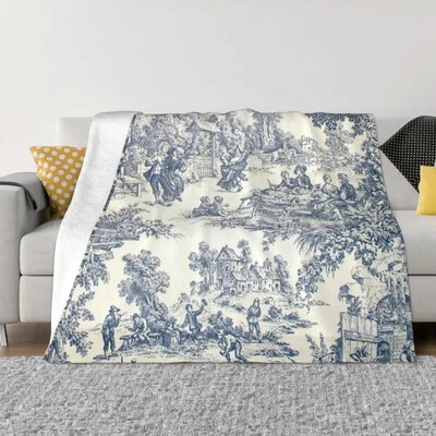 Toile De Jouy Number 2 Ultra-puha polár takaró flanel francia sötétkék motívum takarók ágyhoz otthoni kanapé ágytakarók