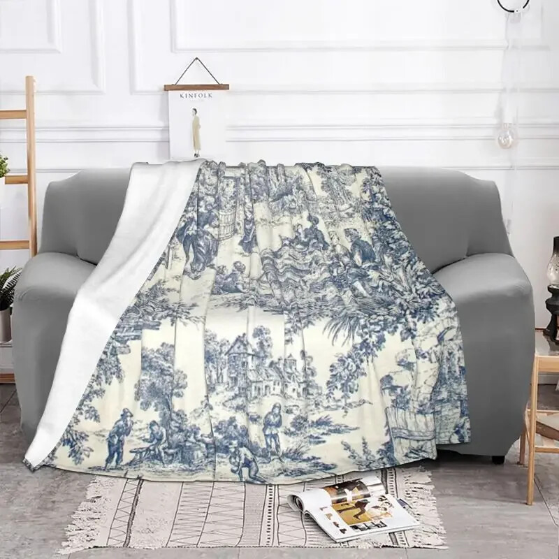 Toile De Jouy číslo 2 Ultra-Soft Fleece Deka, Flanelová, Francúzsky námornícky modrý motív, Deky na posteľ, Domáce prehozy na gauč