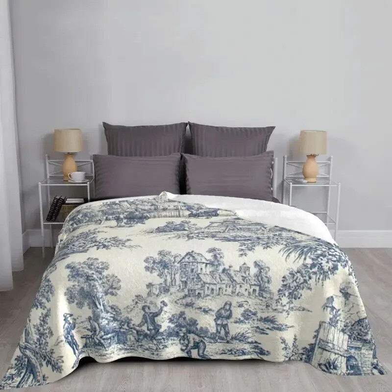 Toile De Jouy číslo 2 Ultra-Soft Fleece Deka, Flanelová, Francúzsky námornícky modrý motív, Deky na posteľ, Domáce prehozy na gauč