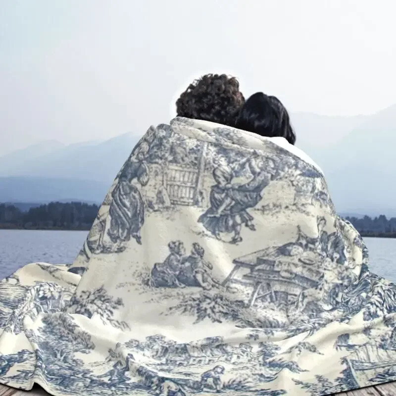 Toile De Jouy číslo 2 Ultra-Soft Fleece Deka, Flanelová, Francúzsky námornícky modrý motív, Deky na posteľ, Domáce prehozy na gauč