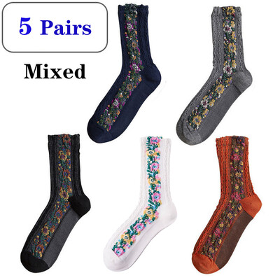 5 pár női zokni Virágos tiszta pamut virág hímzés közepes csöves zokni Aranyos divat Retro College Lovely Kawaii zokni