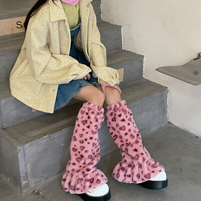 RÓZSASZÍN Leopárd szőrme lábmelegítők melegen vastagodó plüss lábszár zokni huzat Y2K téli leggings vádli zokni japán JK Lolita csizma mandzsetta