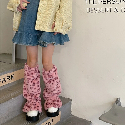 RÓZSASZÍN Leopárd szőrme lábmelegítők melegen vastagodó plüss lábszár zokni huzat Y2K téli leggings vádli zokni japán JK Lolita csizma mandzsetta