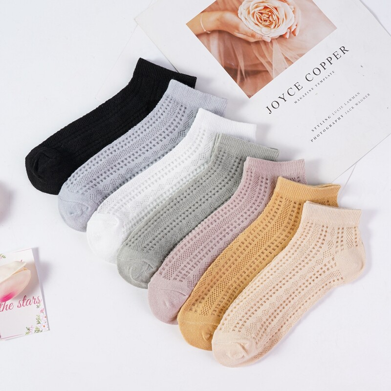 5 poros vasarinės plonos tinklinės trumpos kojinės moterims Mielos solidžios mergaičių laisvalaikio mažo vamzdžio medvilninės tuščiavidurės kvėpuojančios moteriškos kojinės