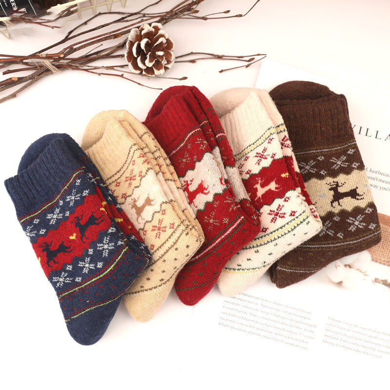 5 perechi de șosete calde de iarnă pentru femei, la modă retro, tub mijlociu, imprimeu căprior, șosete groase de lână de iepure de oaie, de Crăciun, elan, șosete de Anul Nou