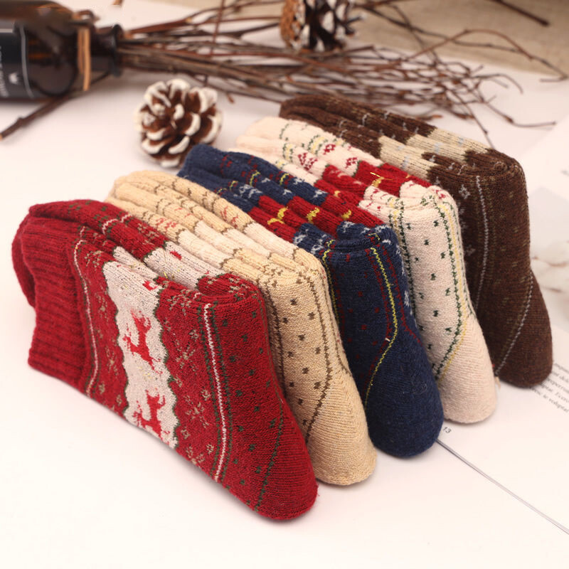 5 perechi de șosete calde de iarnă pentru femei, la modă retro, tub mijlociu, imprimeu căprior, șosete groase de lână de iepure de oaie, de Crăciun, elan, șosete de Anul Nou