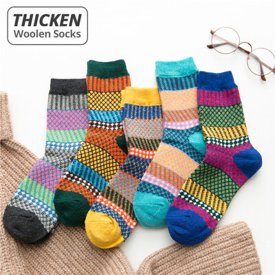 HSS Brand 5Pairs Thicken Women Socks Retro Style Памук и вълнени топли чорапи Удобни меки жълти розови зимни чорапи за момичета