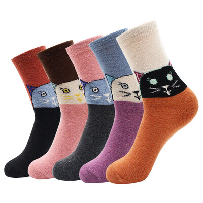 5 Ζεύγη Νέα Φθινοπωρινά και Χειμώνα Ζεστά Παχιά Γυναικείες Μάλλινες Κάλτσες Cartoon Diamond Christmas Deer Kitten Ethnic style Casual κάλτσες