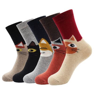 5 Ζεύγη Νέα Φθινοπωρινά και Χειμώνα Ζεστά Παχιά Γυναικείες Μάλλινες Κάλτσες Cartoon Diamond Christmas Deer Kitten Ethnic style Casual κάλτσες