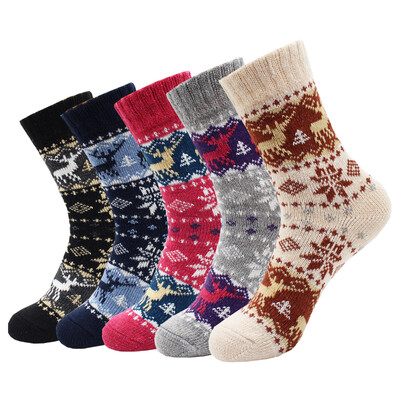 5 Ζεύγη Νέα Φθινοπωρινά και Χειμώνα Ζεστά Παχιά Γυναικείες Μάλλινες Κάλτσες Cartoon Diamond Christmas Deer Kitten Ethnic style Casual κάλτσες