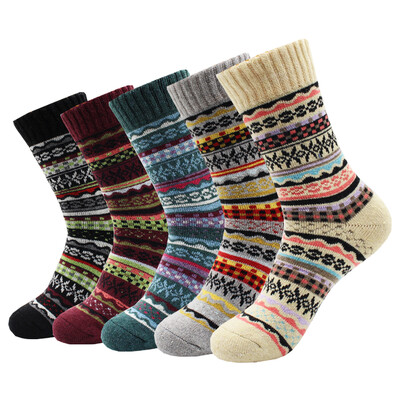 5 Ζεύγη Νέα Φθινοπωρινά και Χειμώνα Ζεστά Παχιά Γυναικείες Μάλλινες Κάλτσες Cartoon Diamond Christmas Deer Kitten Ethnic style Casual κάλτσες