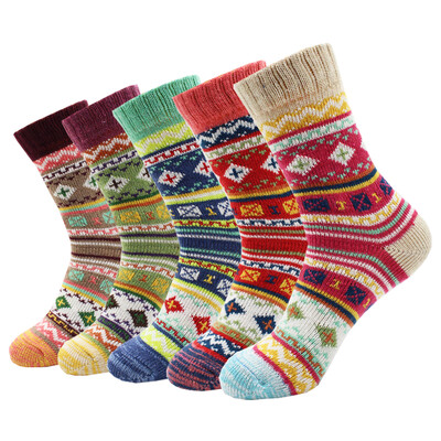 5 Ζεύγη Νέα Φθινοπωρινά και Χειμώνα Ζεστά Παχιά Γυναικείες Μάλλινες Κάλτσες Cartoon Diamond Christmas Deer Kitten Ethnic style Casual κάλτσες