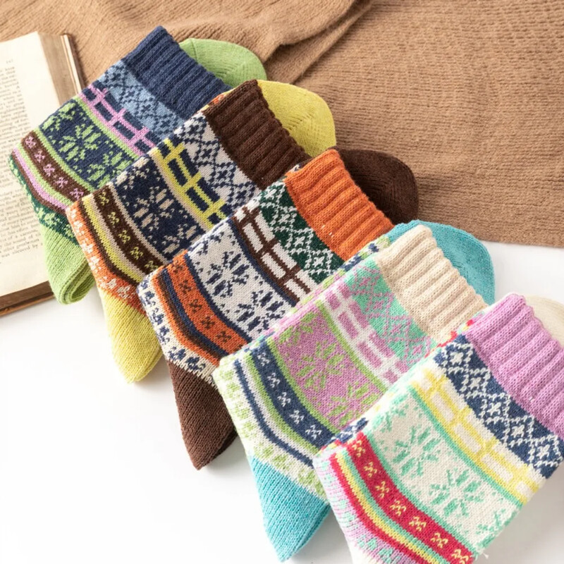 5 Ζεύγη Νέα Φθινοπωρινά και Χειμώνα Ζεστά Παχιά Γυναικείες Μάλλινες Κάλτσες Cartoon Diamond Christmas Deer Kitten Ethnic style Casual κάλτσες