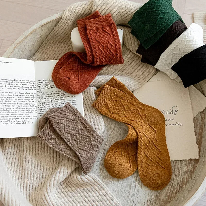 Șosete de iarnă din lână de cașmir pentru femei, în stil japonez solid Harajuku, retro, șosete lungi, pentru femei, fete, termice, vintage, haine de stradă.