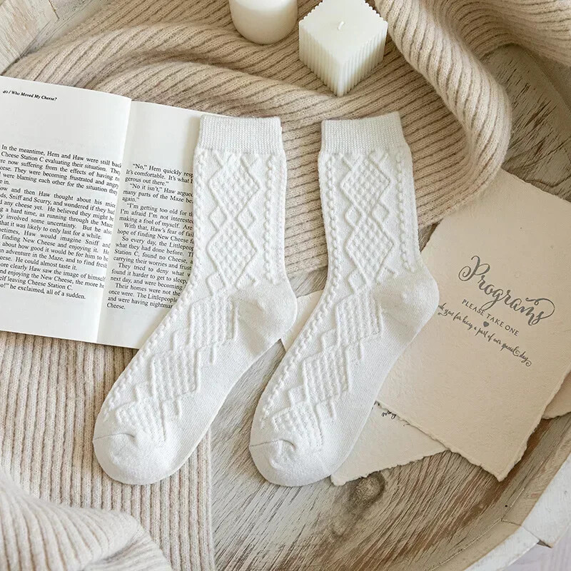 Șosete de iarnă din lână de cașmir pentru femei, în stil japonez solid Harajuku, retro, șosete lungi, pentru femei, fete, termice, vintage, haine de stradă.