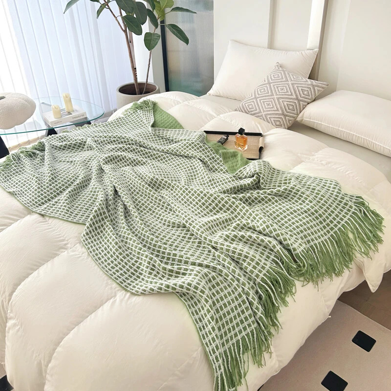 Zöld takarók kanapéhoz Dekoratív gofri szőtt szőtt takarók bojtokkal Puha és könnyű ágytakarók