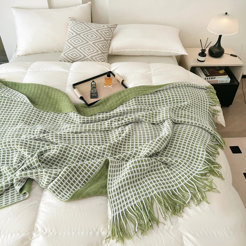 Zöld takarók kanapéhoz Dekoratív gofri szőtt szőtt takarók bojtokkal Puha és könnyű ágytakarók