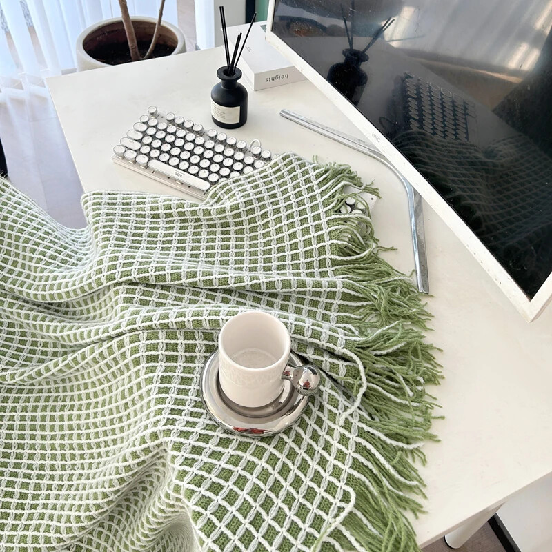 Zöld takarók kanapéhoz Dekoratív gofri szőtt szőtt takarók bojtokkal Puha és könnyű ágytakarók