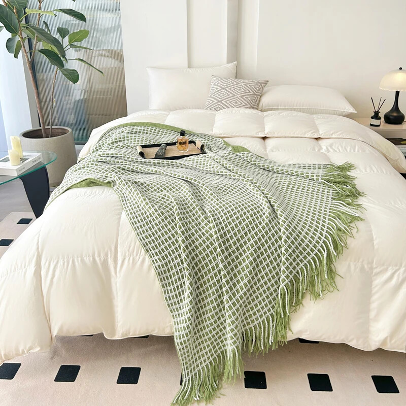 Zöld takarók kanapéhoz Dekoratív gofri szőtt szőtt takarók bojtokkal Puha és könnyű ágytakarók