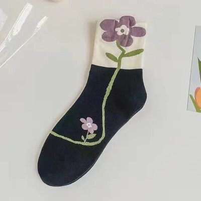 Dámske ponožky s kvetinovým vzorom, roztomilými kawaii vzormi, bavlnenými zelenými Harajuku priedušnými ležérnymi ponožkami so stredne vysokou trubkou a kvetinovým vzorom