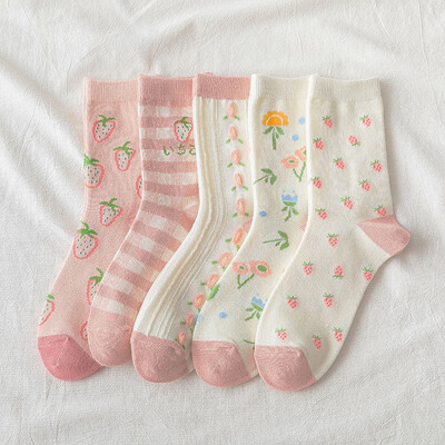 Japoniškos Harajuku stiliaus Kawaii moteriškos medvilninės kojinės su braškėmis ir gėlėmis Juokingos ir rožinės moteriškos kojinės 121702